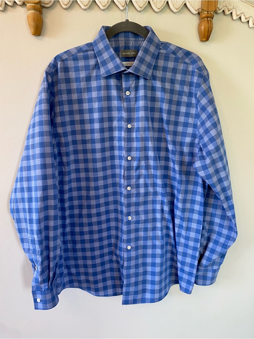 Michael Kors Mens Blue Gingham Long-Sleeve Dress Shirt - office wear - Picture 4 of 7